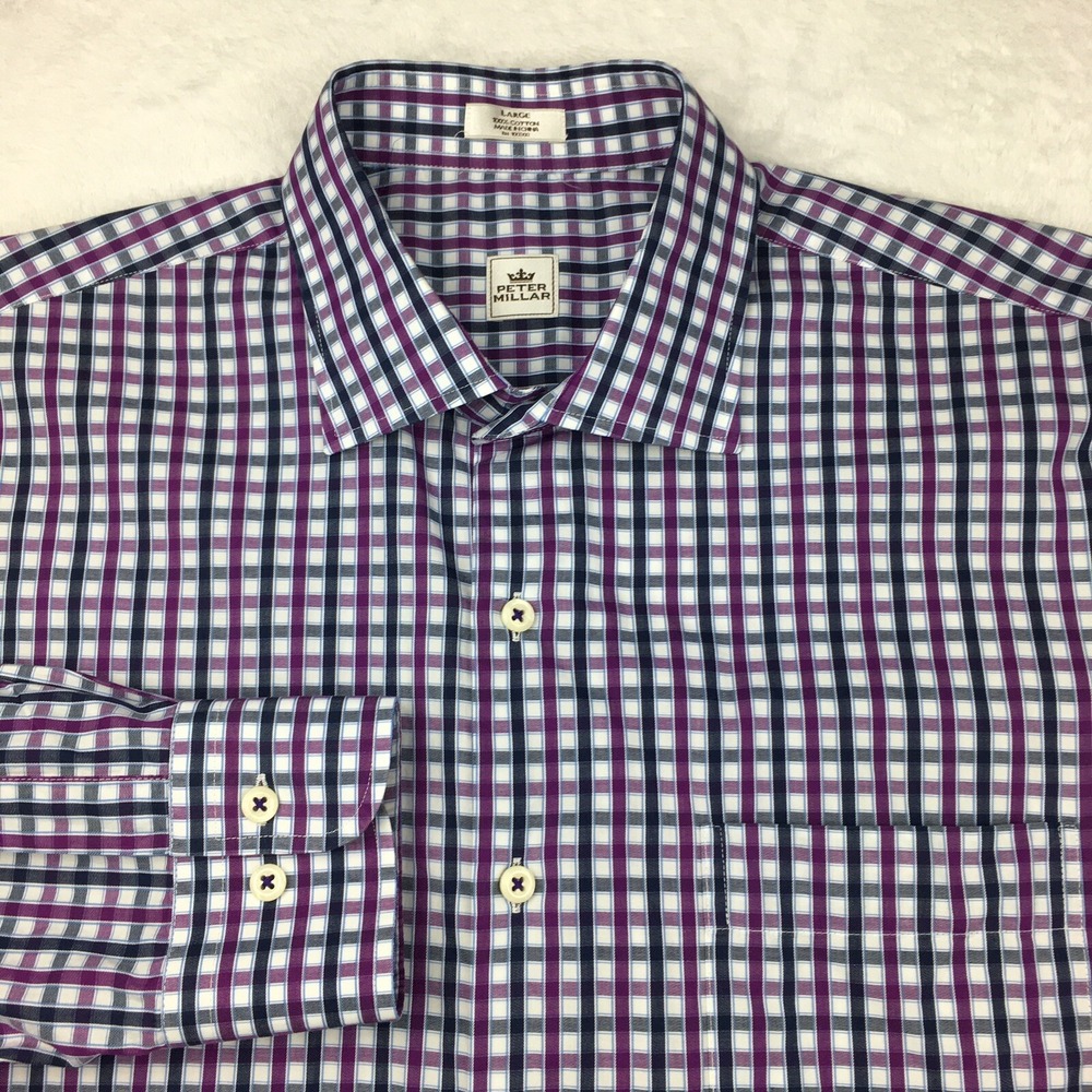 Peter Millar Dress‎ Shirt Mens Large Burgundy/Blue/White Checks Long Sleeves